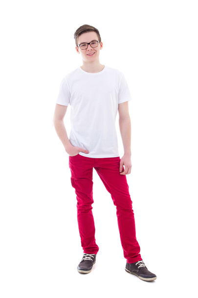 full length portrait of young man standing isolated on white - Φωτογραφία, εικόνα