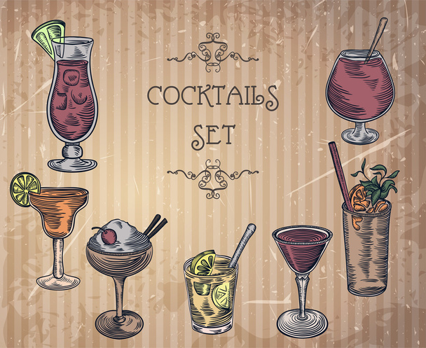 Collection of vintage cocktails. Retro hand drawn vector illustrations on grunge background - Vector, Image