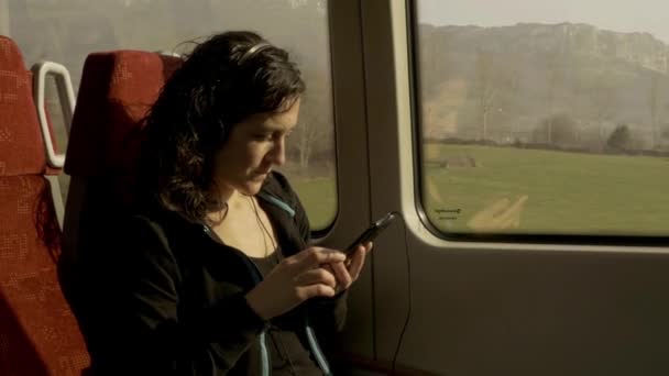 Girl reading ebook in the train - Filmati, video