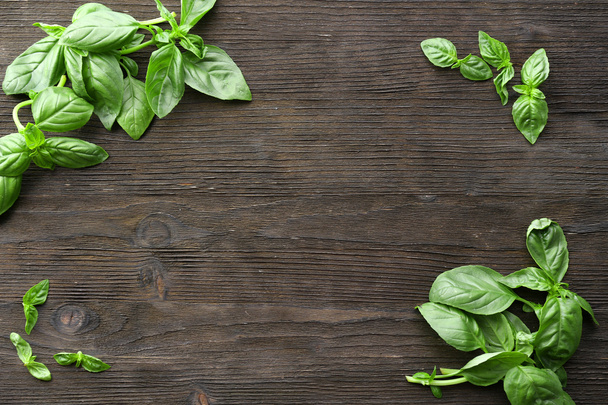 Green fresh basil on wooden background - Φωτογραφία, εικόνα