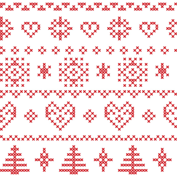 Nordic pattern with snowflakes and xmas trees and decorative ornaments , hearts, snowflakes, stars - Vector, Image