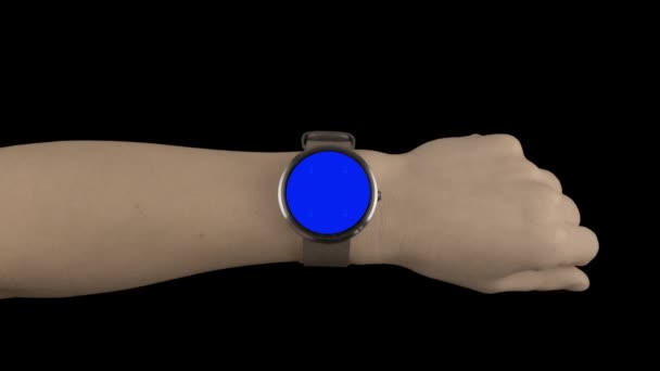 Maqueta de reloj inteligente con pantalla azul de interacción y fondo negro
 - Imágenes, Vídeo
