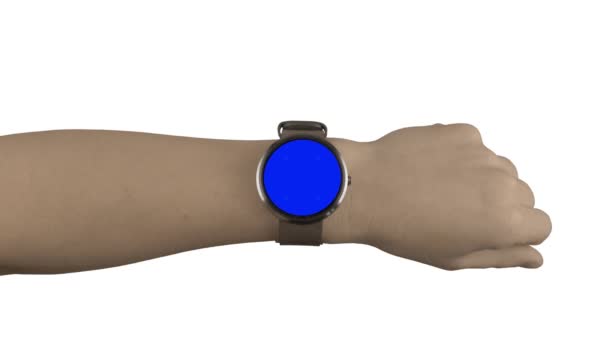 Maqueta de reloj inteligente con pantalla azul de interacción y fondo blanco
 - Imágenes, Vídeo