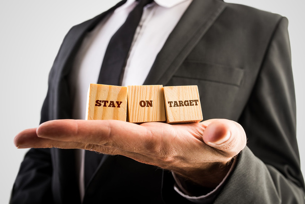 Businessman holding three wooden cubes with a Stay on target mes - Photo, Image