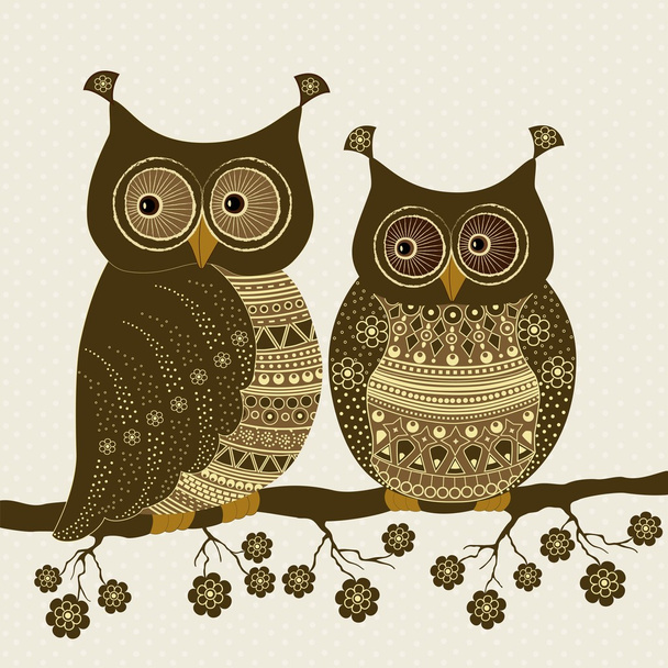 Pair of cute stylized ornamental owls - Διάνυσμα, εικόνα