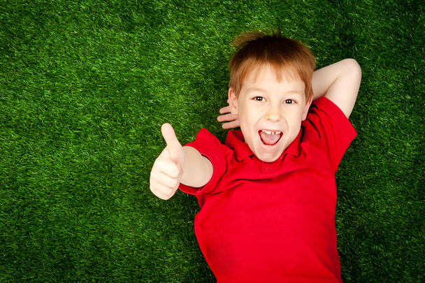 αγόρι που βρίσκεται σε έναν πράσινο χορτοτάπητα - Φωτογραφία, εικόνα