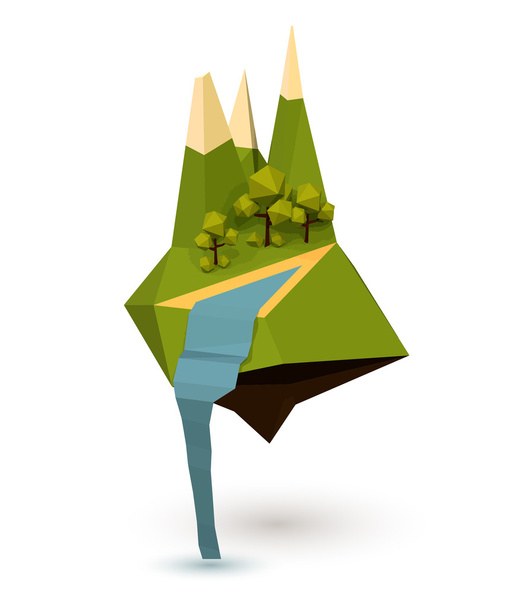 Abstract island with trees, mountain and a waterfall in the low  - Vector, Image