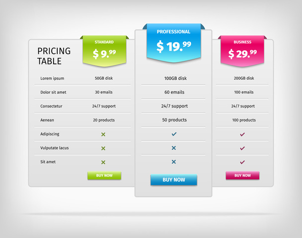 Plantilla de tabla de precios web colorida para plan de negocios
. - Vector, Imagen