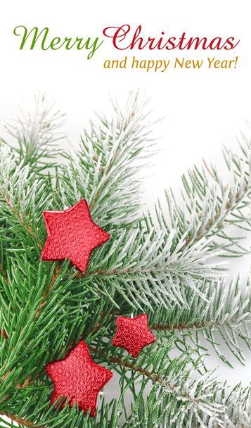 Christmas firtree with red stars and white snow - Foto, Imagem