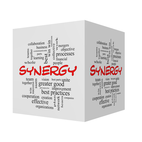 Synergy 3D Word Cloud Concept in red caps - Photo, Image