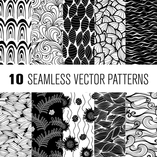 Black and white wave and floral patterns seamlessly tiling. Can be used for wallpaper, pattern fills, web page background, surface textures, textile. - Vector, Image