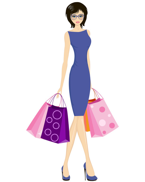 cute cartoon girl in summer dress, shopping - Vector, Image
