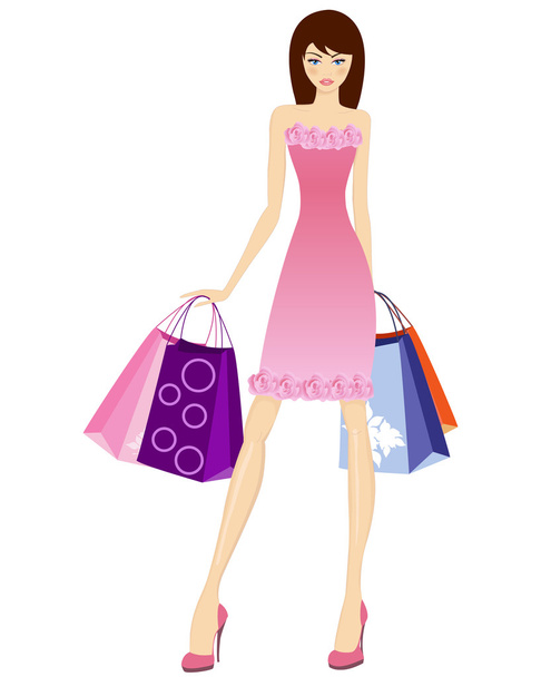 cute cartoon girl in summer dress, shopping - Vector, Imagen