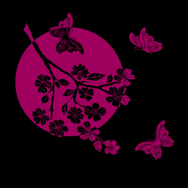 twig cherry blossoms and butterfly - Vetor, Imagem