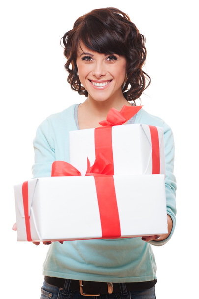 Pretty woman holding two gift boxes - Foto, Imagem