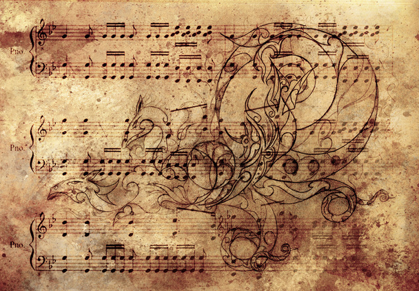 Dragon ornemental, dessin de tatouage sur papier vintage. Et note musicale
. - Photo, image