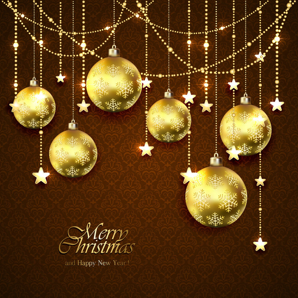 goldene Weihnachtskugeln und Sterne auf braunem Hintergrund - Vektor, Bild