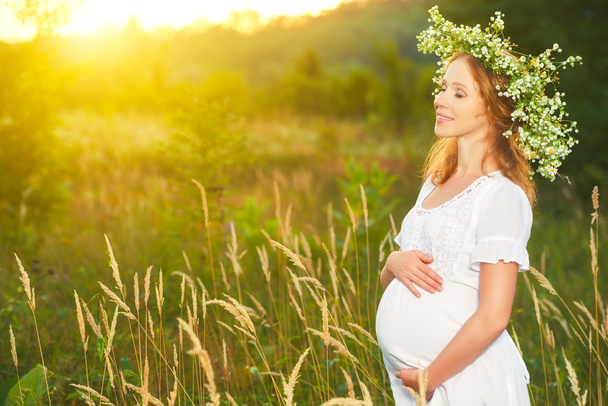 beautiful pregnant woman in wreath relaxing in summer nature  - Photo, Image