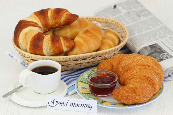 Carte de bonjour avec petit déjeuner continental
 - Photo, image