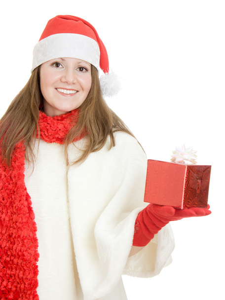Woman with Christmas presents on a white background. - Zdjęcie, obraz