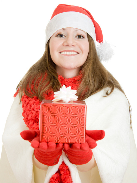 Woman with Christmas presents on a white background. - Valokuva, kuva