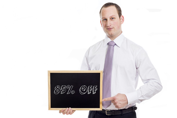 85 процентов скидки - Молодой бизнесмен с доской
 - Фото, изображение