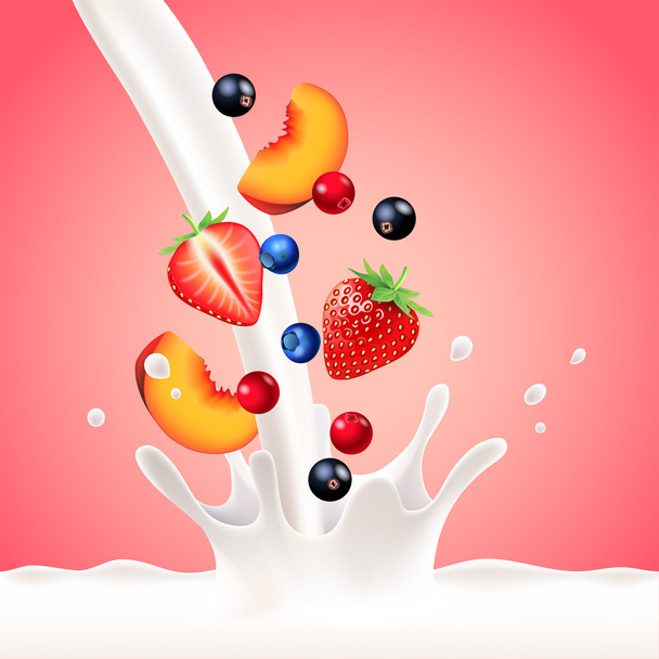 Pouring milk splash with fruits vector background - Vector, Image