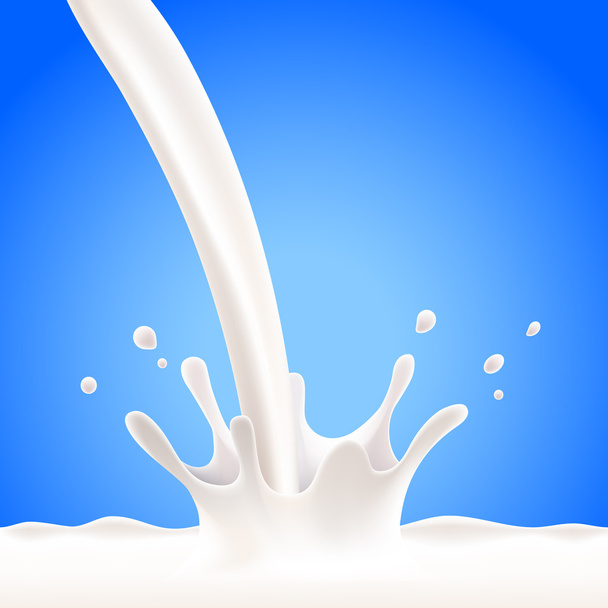 Gieten van melk splash op blauwe vector achtergrond - Vector, afbeelding
