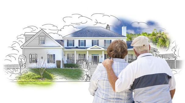 Embracing Senior Couple Over House Drawing and Photo on White - Photo, Image