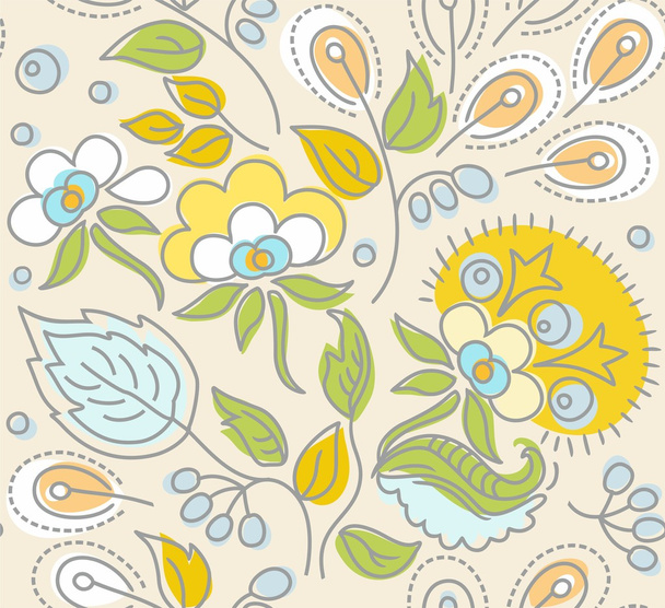 Béžový vzor bezešvé, žluté květy, modré bobule, zelené listy. - Vektor, obrázek
