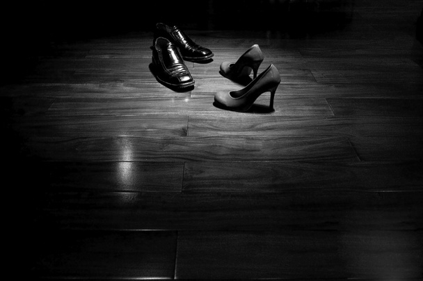 Couple shoes on dance floor in black and white - Photo, Image