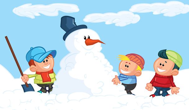 dzieci budowa snowman w śniegu - Wektor, obraz