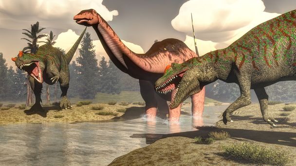 アロサウルス大きなブロントサウルスの恐竜 3 d レンダリングを狩猟 - 写真・画像