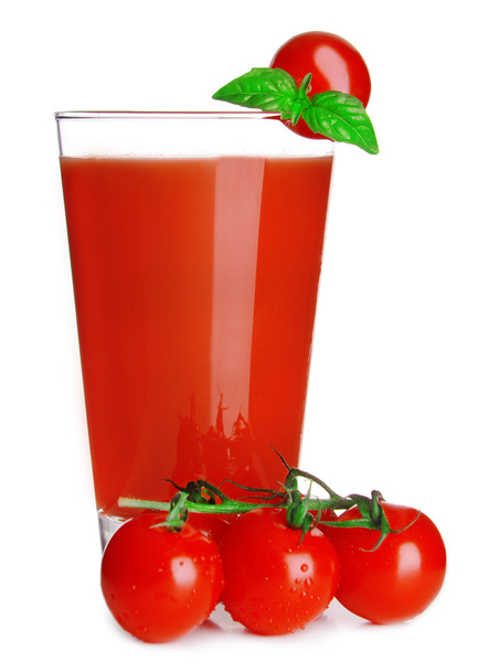 Glass of tomato juice with green leaves isolated on white - Foto, Bild