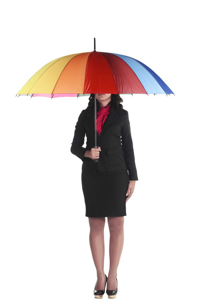 カラフルな傘を持ったビジネス女性 - 写真・画像