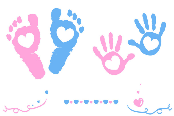 Twin baby girl and boy feet and hand print arrival card - Vector, Image