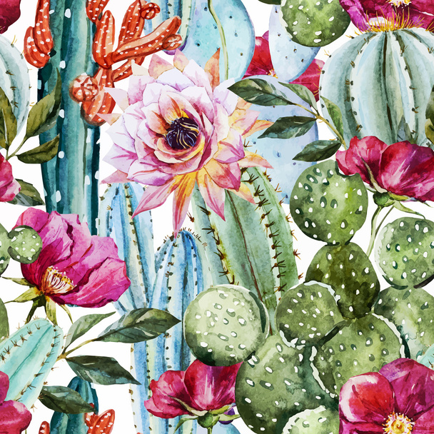 Watercolor cactus pattern - Vector, Image