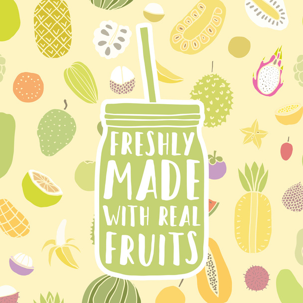 Freshly made with real fruits. Hand drawn jar and fruit pattern - Vector, Image