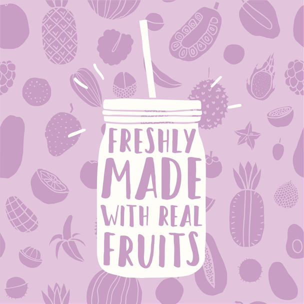 Freshly made with real fruits. Hand drawn jar and fruit pattern. - Vector, imagen