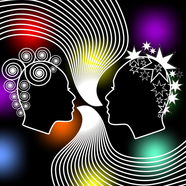 Speaking women, two female face profiles with extravagant hairstyle on black background with colored bokeh lights. - Vector, Image
