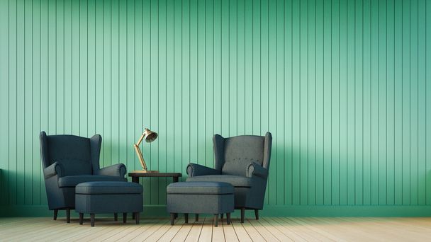 Canapé marine et mur vert à rayures verticales
 - Photo, image