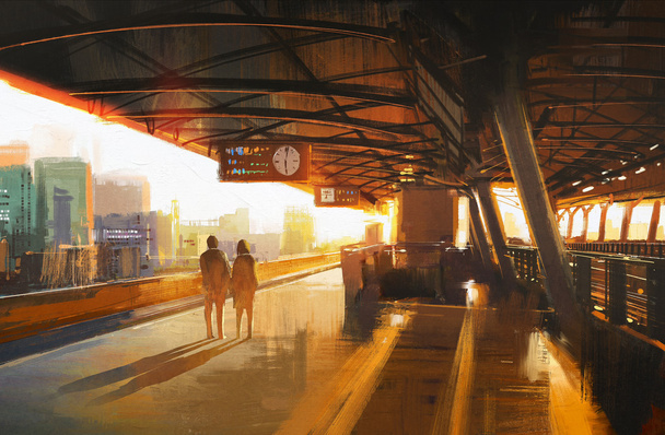 couple attendant un train sur la gare
 - Photo, image