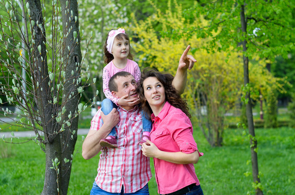 família feliz joga uma parka com uma criança
  - Foto, Imagem