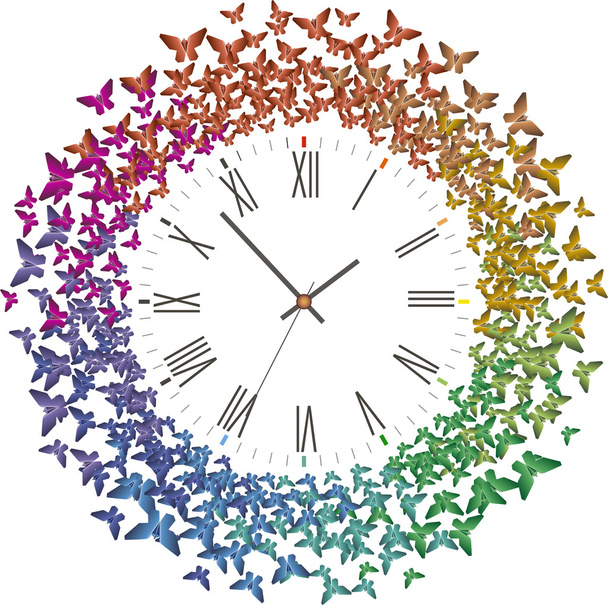 Uhr mit vielen bunten Schmetterlingen im Flug - Vektor, Bild