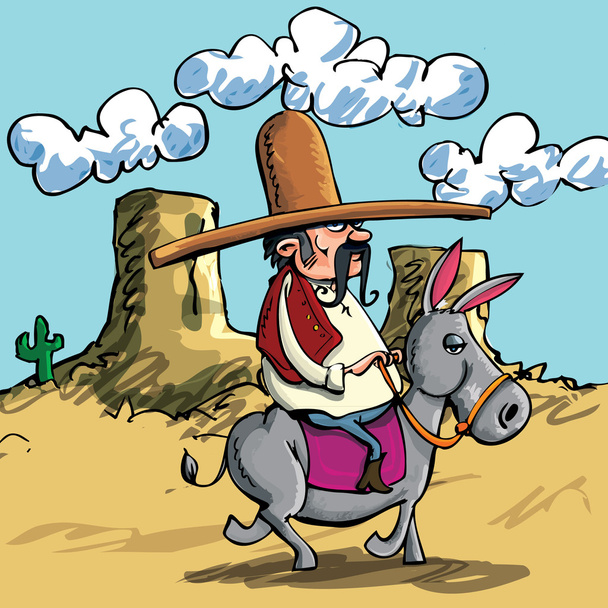 Cartoon Mexican wearing a sombrero riding a donkey - Vector, Image