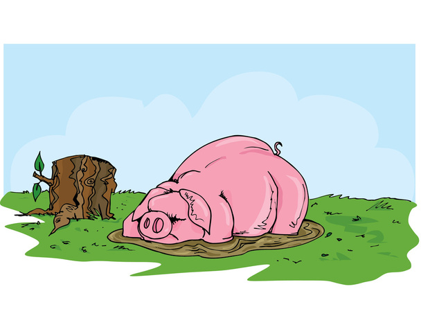 Мультяшная свинья валяется в грязи
 - Вектор,изображение