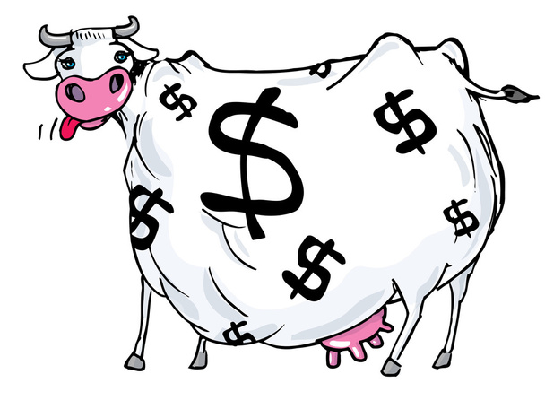 dolar işareti onun vücut üzerinde nakit inek karikatür - Vektör, Görsel
