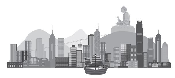Hong Kong Skyline with Junk Boat and Buddha Statue Vector Illustration - Vector, Image