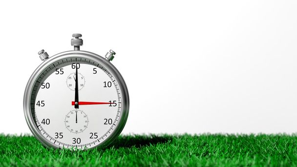 Серебряный хронометр на зеленой траве, изолированный на белой
 - Фото, изображение