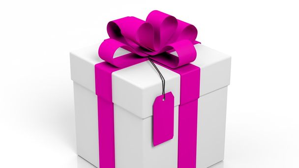 Coffret cadeau avec ruban rose et étiquette vide isolé sur blanc
  - Photo, image